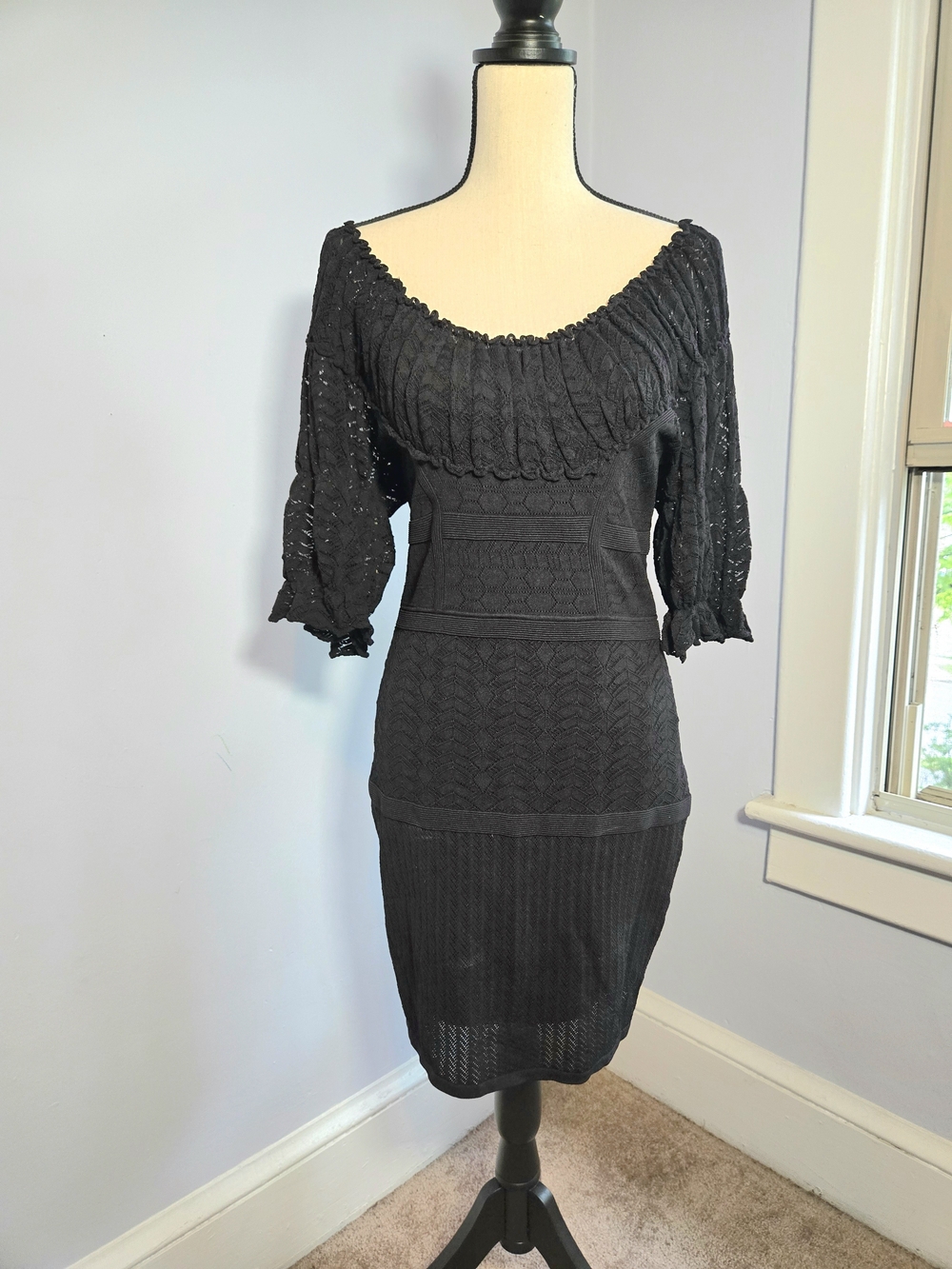 Catherine Malandrino Yellow Label Romantic Black Lace Knit Bandage Dress Large